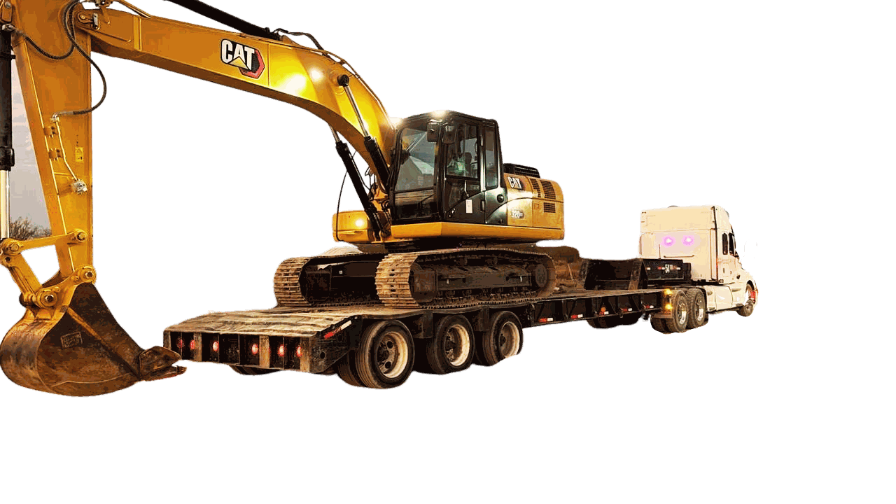 Excavadora CAT 320 de OLG TRUCKING sobre plataforma lowboy